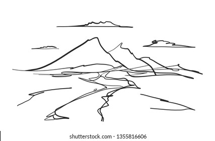 Vector illustration: Hand drawn Mountains doodle sketch landscape with road or river and clouds