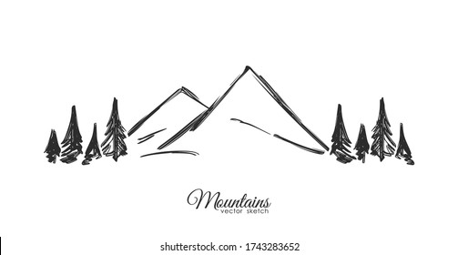 Vector illustration: Hand drawn Mountains sketch landscape with pine forest. 