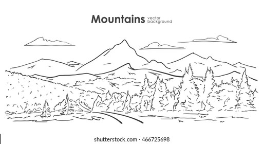 Vector illustration: Hand drawn Mountains sketch with forest, road and clouds. Line design