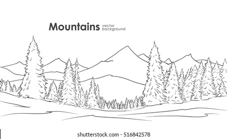 Vektorgrafik: Handgezeichneter Hintergrund der Berge mit Kiefernwald im Vordergrund. Liniendesign