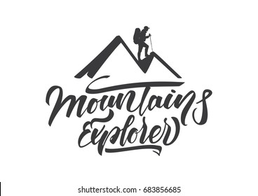 Vector illustration: Hand drawn mountains emblem with silhouette of climber.