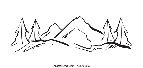 Vector illustration: Hand drawn Mountains sketch landscape with hills and pines. 