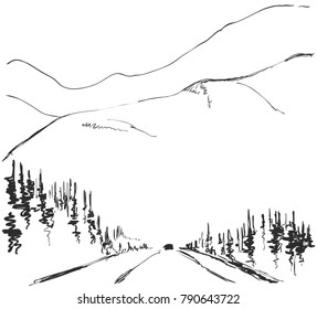Vector illustration. Hand drawn Mountains sketch landscape with road and tree. Line design.