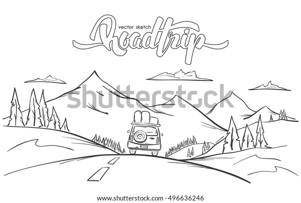 ベクターイラスト 手描きの山の景色と 乗り物車と手書きの文字の道のり スケッチ線のデザイン のベクター画像素材 ロイヤリティフリー