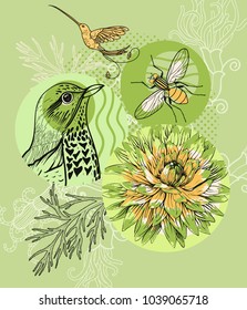 vector illustration with hand drawn nature elements on a bright green background