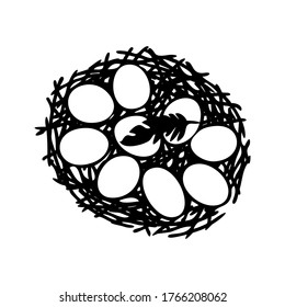 Vector illustration of hand drawn nest with spotted eggs. Graphic style, beautiful illustration. Bird feather.