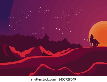 Vector illustration, Hand Drawn Night forest,wolf and mounains silhouette,  with moon and stars on the sky