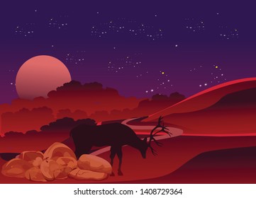 Vector illustration, Hand Drawn Night forest,deer and mounains silhouette,  with moon and stars on the sky