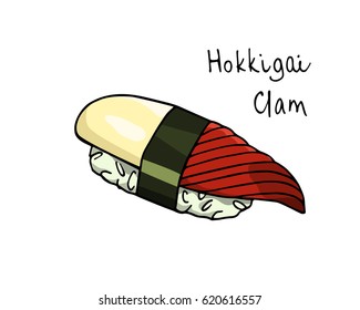 Vector illustration of hand drawn nigiri sushi with clam. Beautiful food design elements, perfect for any business related to the food industry.