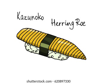 Vector illustration of hand drawn nigiri sushi with herring roe. Beautiful food design elements, perfect for any business related to the food industry.