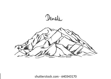 Vector illustration of hand drawn North American peak Denali. Ink drawing, graphic style. Perfect for travel, sport or spiritual designs.