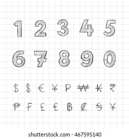 Vector illustration of a hand drawn numbers and currency signs.