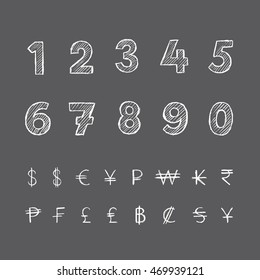 Vector illustration of a hand drawn numbers and currency signs.