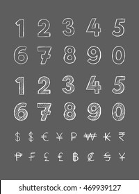 Vector illustration of a hand drawn numbers and currency signs.