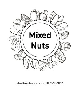 Vector illustration of hand drawn nuts labels. Engraving or sketching of different nuts. Box or package decoration with a set of nuts, universal design for a nut mix.