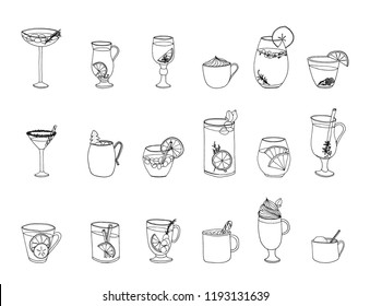 Vector illustration with hand drawn objects. Winter beverages. Set of hot and cold drinks for winter season