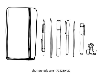 Vector illustration with hand drawn objects. Stationery items. set of items for writing, drawing