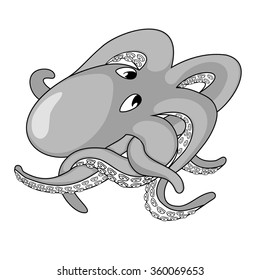 Vector illustration of hand drawn octopus. Octopus is in grayscale colors.