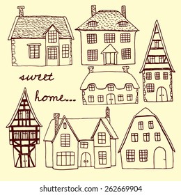 Vector illustration of hand drawn old country houses. Nice representatives of different european architectural styles. Cool design elements.