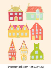 Vector illustration of hand drawn old country houses. Nice representatives of different european architectural styles. Cool design elements.