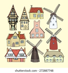 Vector illustration of hand drawn old country houses and windmills. Nice representatives of different european architectural styles. Cool design elements.