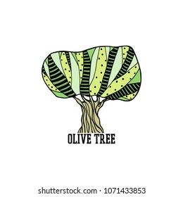 Vector illustration of hand drawn olive tree. Beautiful floral design elements,  ink drawing, abstract style.