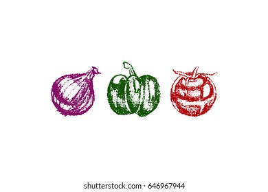Vector illustration of hand drawn onion bulb, tomato and paprika. Vegetarian, healthy food illustration. Beautiful design elements, charcoal drawing