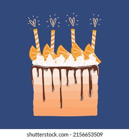 Vector illustration of hand drawn orange Happy Birthday cake on dark blue background