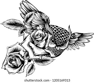 Vector illustration with hand drawn ornate owl with rose flowers