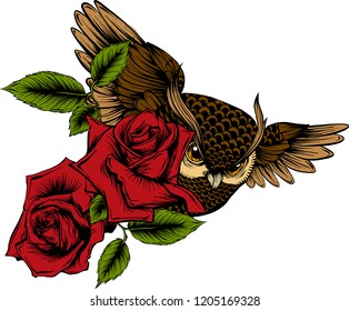 Vector illustration with hand drawn ornate owl with rose flowers