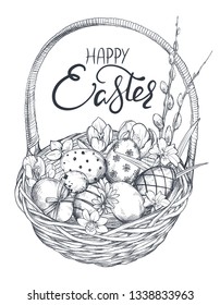 Vector illustration of hand drawn ornate eggs and spring flowers in the basket. Realistic sketch Easter illustration in black and white colors and hand lettering text