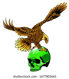 Vector illustration with hand drawn ornate eagle on human skull with rose flowers and grunge texture