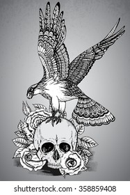 Vector illustration with hand drawn ornate eagle on human skull with rose flowers and grunge texture.