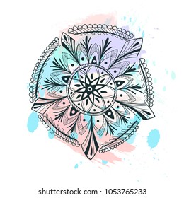 Vector illustration with hand drawn.  Outline Mandala for coloring book. Decorative round ornament. Anti-stress therapy pattern. Weave design element. Yoga logo, background for meditation poster. 