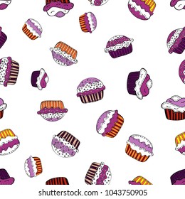 Vector illustration. Hand drawn outlined colorful seamless pattern with cupcakes, cute background on white, pink and black. Sweets design.