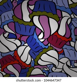 Vector illustration. Hand drawn outlined colorful seamless pattern with cupcakes, cute background on white, black and blue. Sweets design.