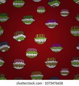 Vector illustration. Hand drawn outlined colorful seamless pattern with cupcakes, cute background on red, white, green, black and neutral. Sweets design.