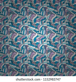 Vector illustration. Hand drawn outlined colorful seamless pattern with cupcakes, cute background on blue, white and black. Sweets design.