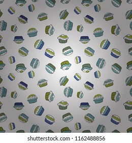 Vector illustration. Hand drawn outlined colorful seamless pattern with cupcakes, cute background on white, blue and green. Sweets design.