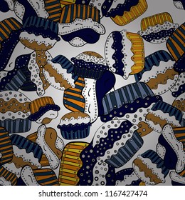 Vector illustration. Hand drawn outlined colorful seamless pattern with cupcakes, cute background on white, black and blue. Sweets design.