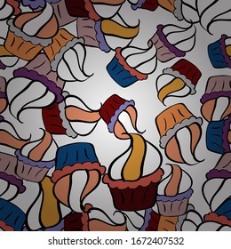 Vector illustration. Hand drawn outlined colorful seamless pattern with cupcakes, cute background on black, white and orange. Sweets design.