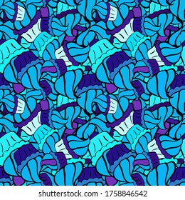 Vector illustration. Hand drawn outlined colorful seamless pattern with cupcakes, cute background on blue, black and violet. Sweets design.