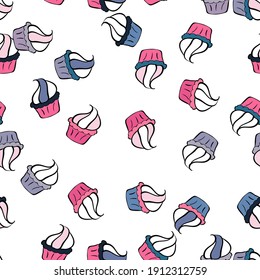Vector illustration. Hand drawn outlined colorful seamless pattern with cupcakes, cute background on black, white and pink. Sweets design.