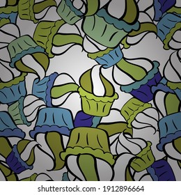 Vector illustration. Hand drawn outlined colorful seamless pattern with cupcakes, cute background on black, blue and white. Sweets design.