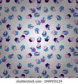 Vector illustration. Hand drawn outlined colorful seamless pattern with cupcakes, cute background on white, purple and blue. Sweets design.