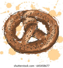 Vector illustration, hand drawn outlines of bagel with abstract brown fill and sprays