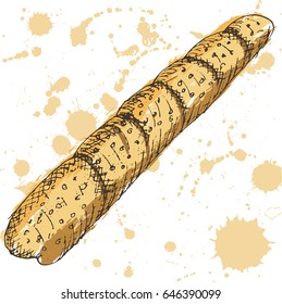 Vector illustration, hand drawn outlines of french baguette with abstract brown fill and sprays