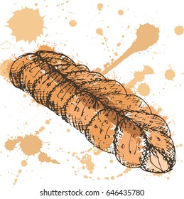 Vector illustration, hand drawn outlines of bread pigtail with abstract brown fill and sprays