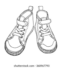 Vector illustration of hand drawn pair of kids shoes on white background. Design elements for decorating of cards, bags, covers, t-shirt.