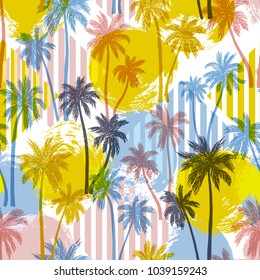 Vector illustration of a hand drawn palm trees. Seamless vector pattern with tropical palm trees.